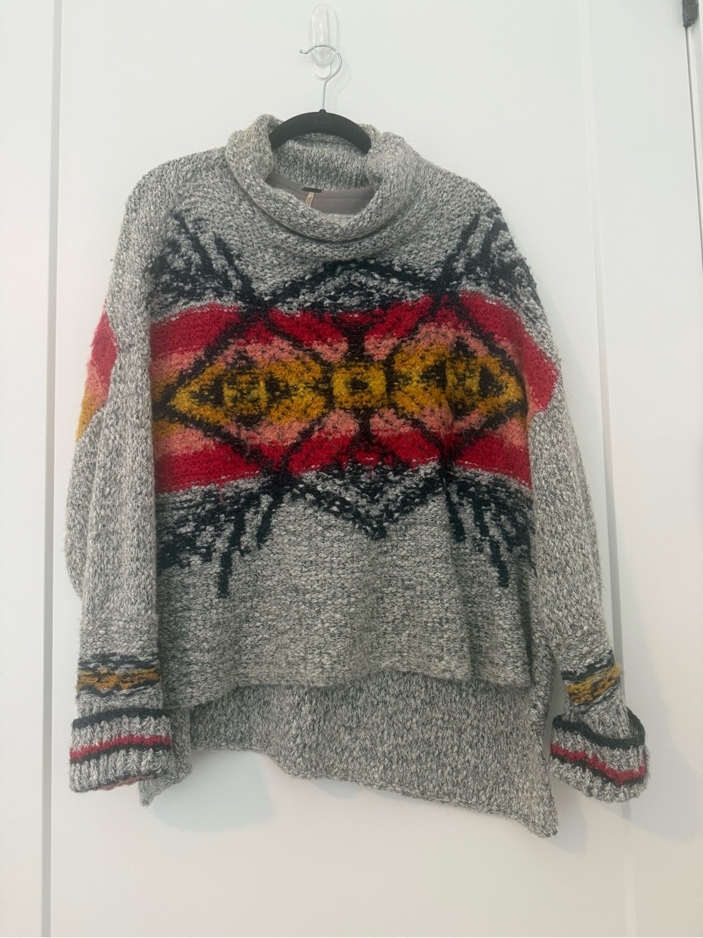 Free People Grey Cowlneck Sweater with Red & Yellow Aztec Stripe